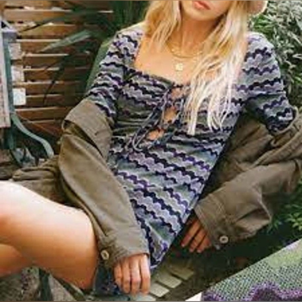 Zara Green and Purple Wave Knit Tie-Front Mini Dress